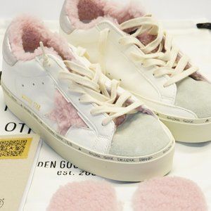 Golden Goose Hi Star Shearling-Trimmed Leather Sneakers Pink, Size 37, New W COA